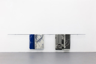 Blue carpet (folded), 2017.
Grey carpet (folded), 2017. Digital weaving on wool, stainless steel bar. Installation view at Andrey Bogush and Bogdan Ablozhnyy: Decades, Osnova gallery, Moscow, Russia, 2018