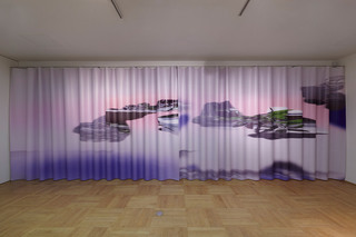 Proposal for distorted image and blue (garden), 2015. Installation view at Perfect storm, NRW Forum Düsseldorf, Germany, 2017